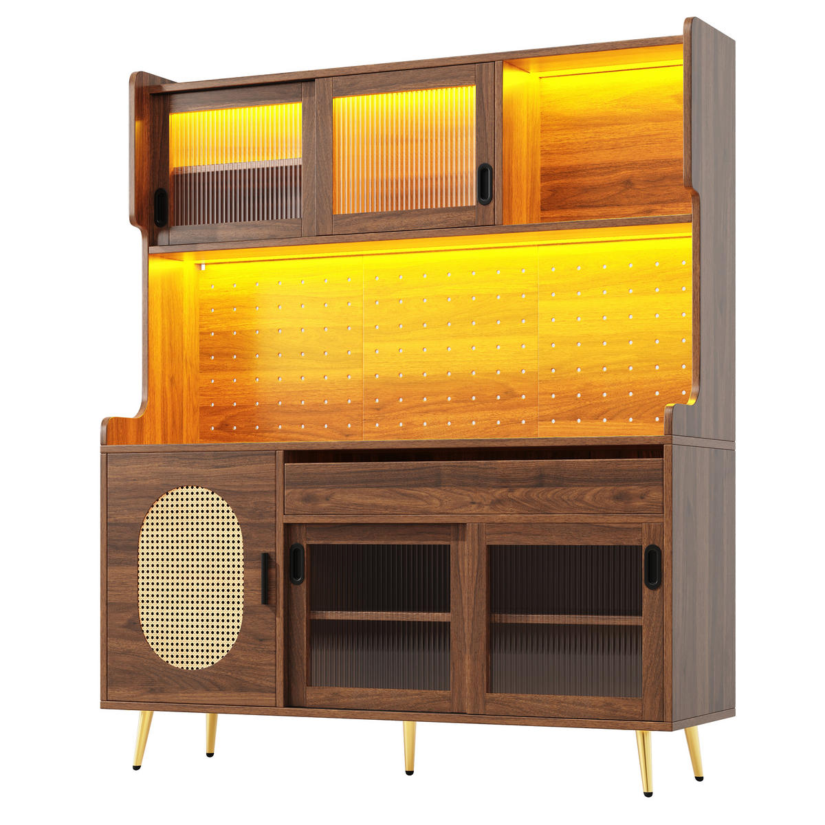GESCHIRRSCHRANK aus MDF 145x39x171cm in Braun mit LED-Lichtleiste - Braun, Holzwerkstoff (145/171/39cm) - Modfu