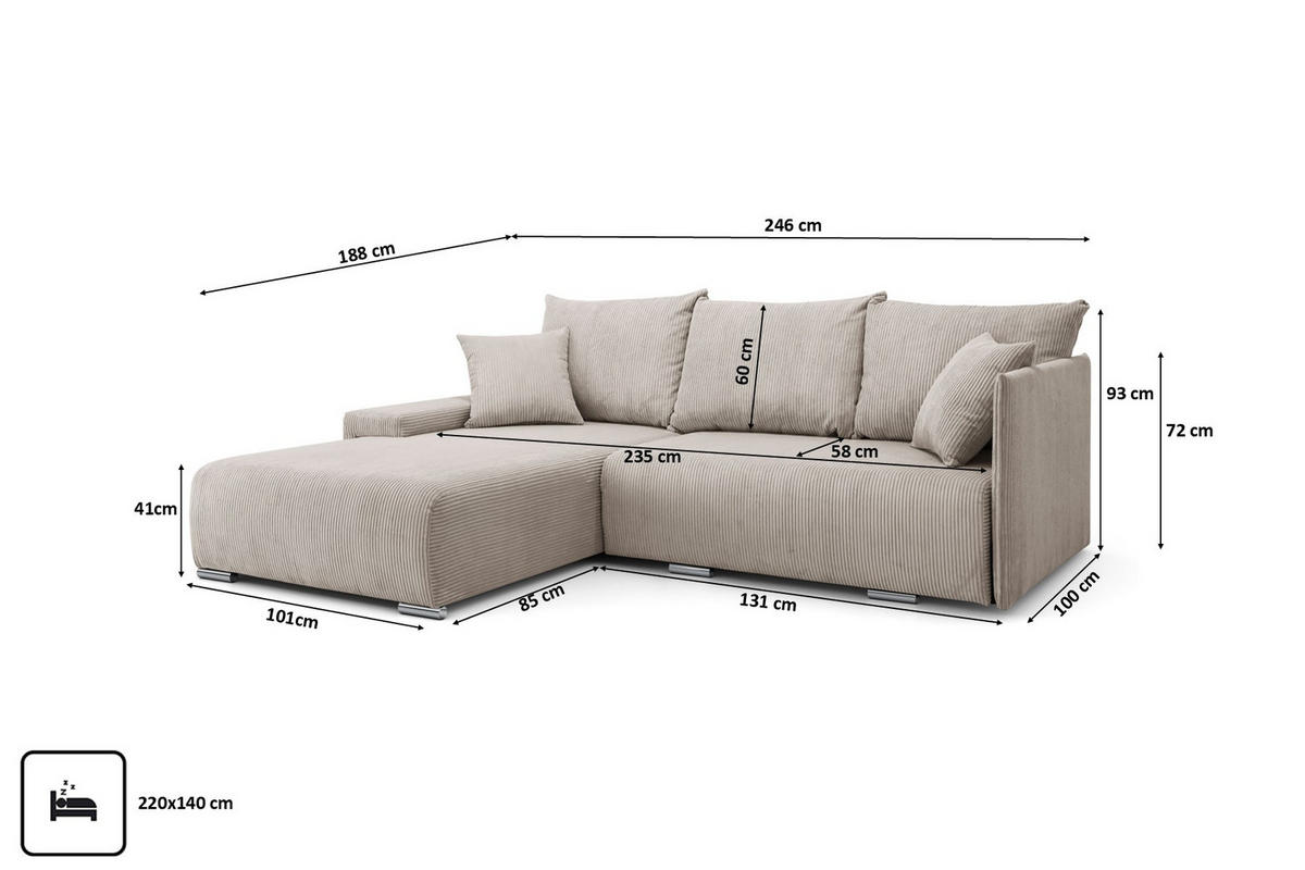 ECKSOFA L-Form Schlaffunktion Livorno Cord-Stoff Beige Links - Chromfarben/Beige, Holz/Kunststoff (246/188cm) - Kaiser Möbel