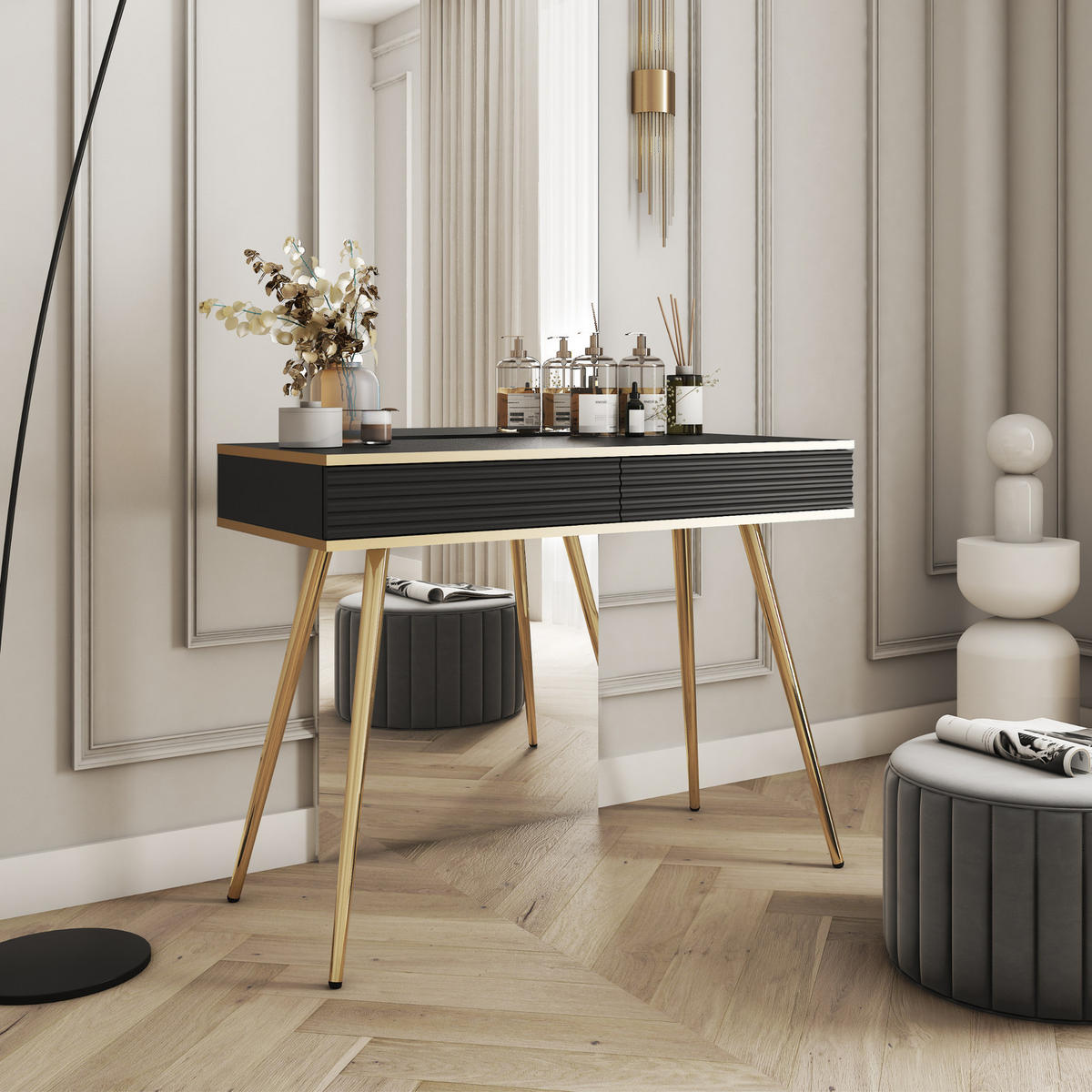 KONSOLENTISCH FORNO (Schwarz, Rillenfront, Goldene Details, 2 Schubladen, goldene Metallfüße, 102 cm) - Gelb/Goldfarben, Holz/Holzwerkstoff (50/102/80cm) - Ravio