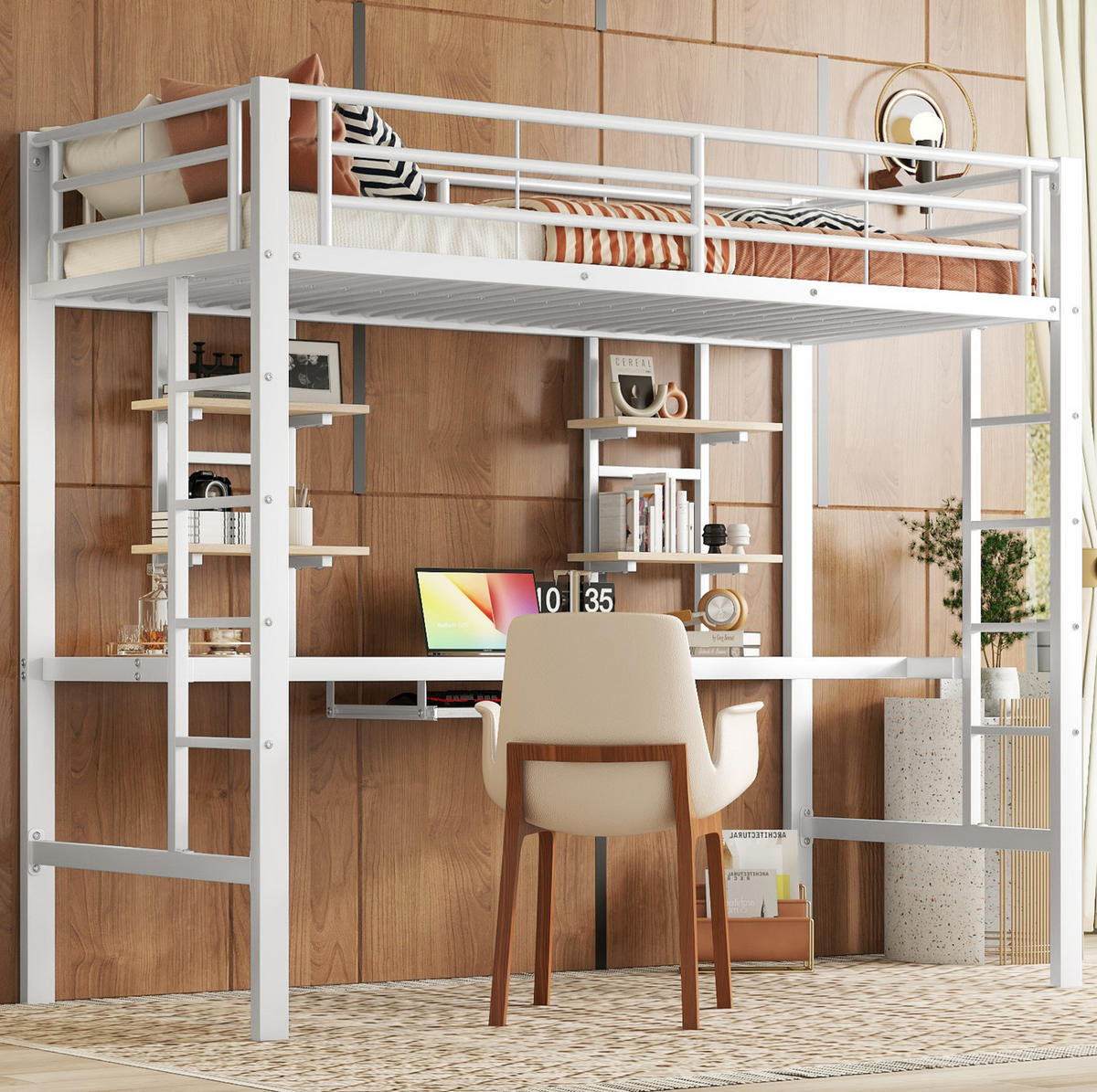 HOCHBETT 90/200 cm Weiß aus Metall mit Schreibtisch und 2 Regalen - Weiß, Metall (90/200cm) - OKMYHOME