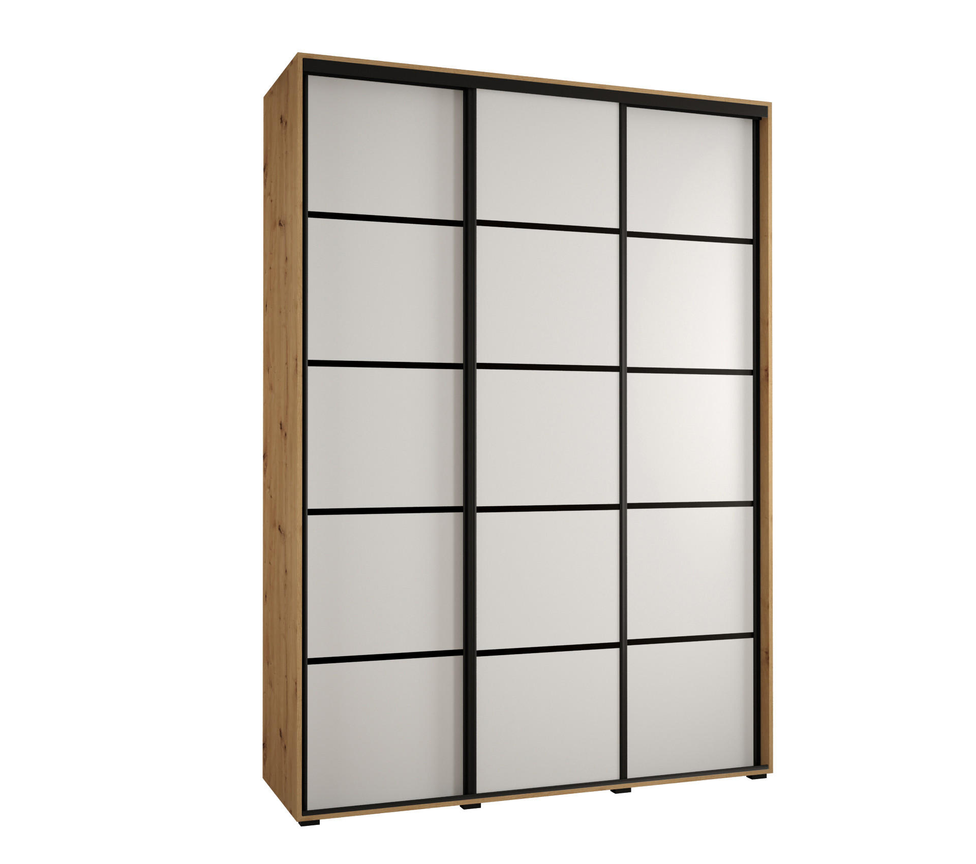 Abiks Möbel Schwebetürenschrank Eiche Artisan, Weiß, Schwarz 180x235x45 cm