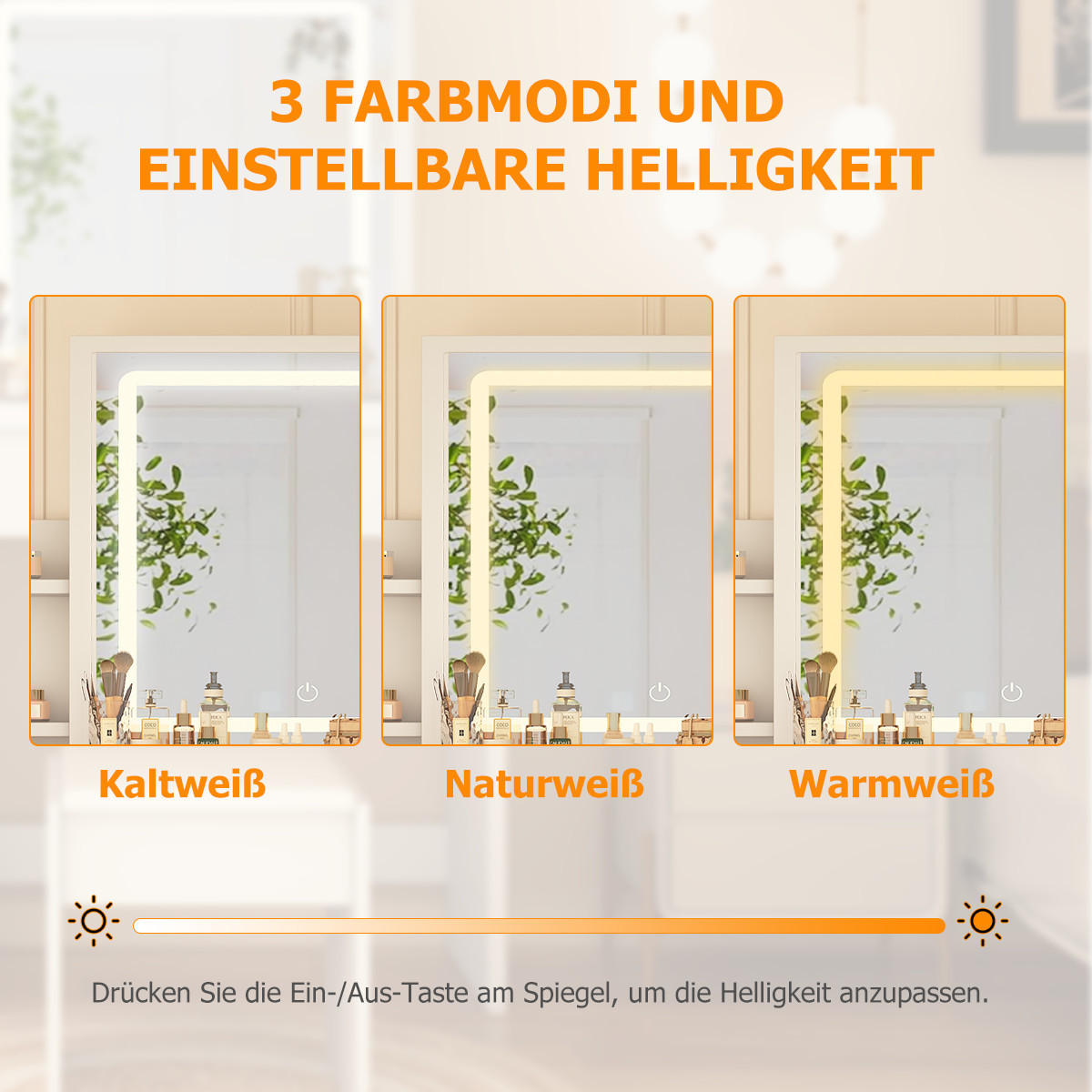 SCHMINKTISCH mit LED-Spiegel und Hocker, 87 L x 36 T x 136 H cm, 3 Beleuchtungsmodi, mit 4 Schubladen und 7 Ablagen, Weiß - Weiß, Holzwerkstoff (36/136/87cm)