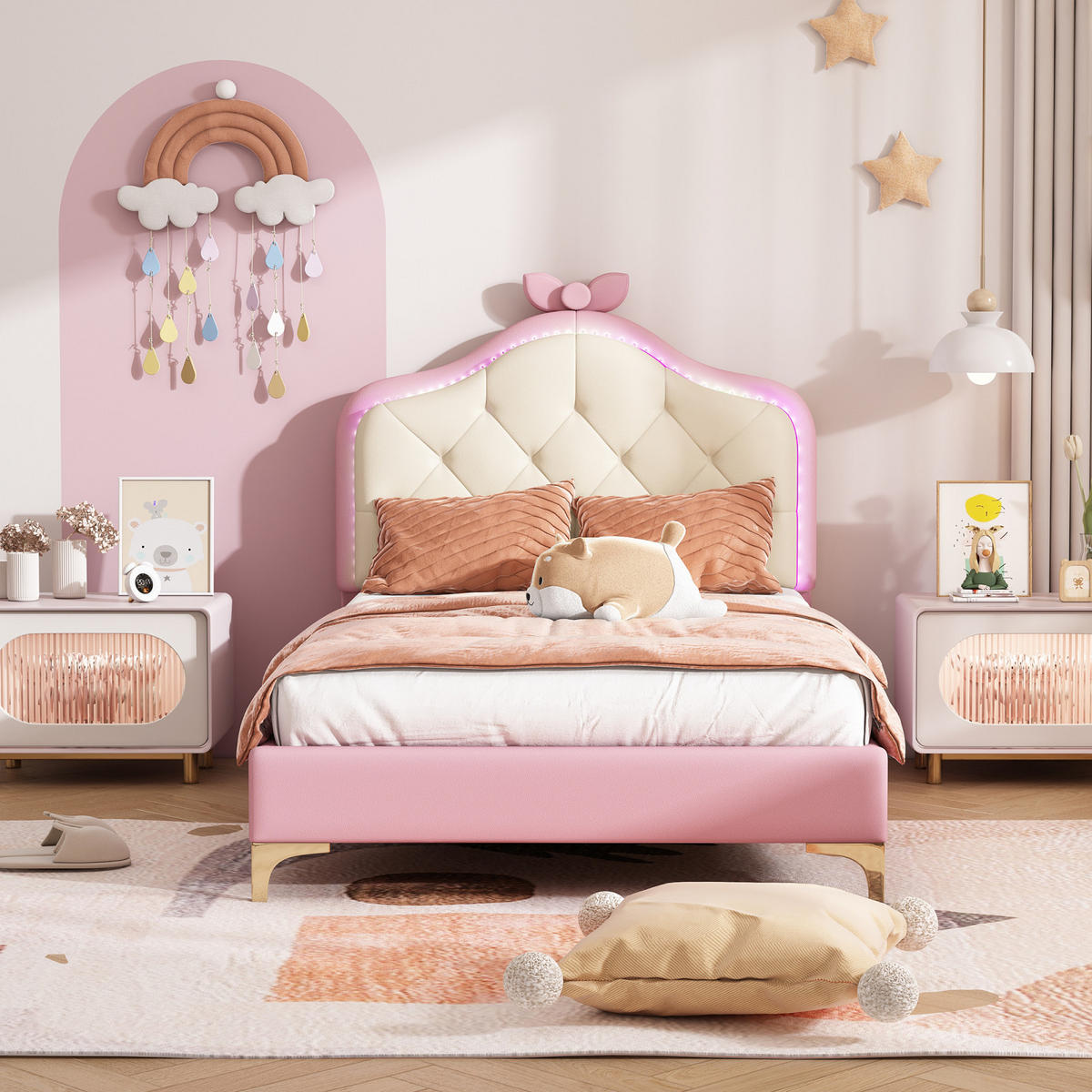 KINDERBETT 90x200 cm mit LED, Schleifen, Lattenrost, Rosa - Rosa, Holz (90/200cm)