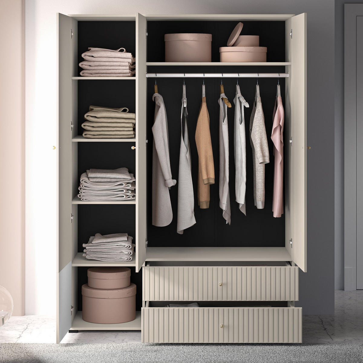 KLEIDERSCHRANK DROMA 3-Türig,Creme - Creme/Schwarz, Holzwerkstoff (150/210/55cm) - KONSIMO®