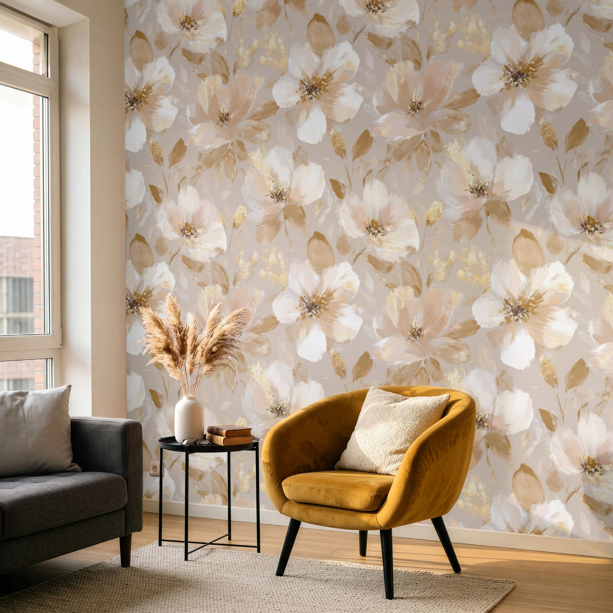 TAPETE - Blumen - künstlerisch - Gold - 240x240 cm - Beige, Papier (240/240cm) - OnlyWow