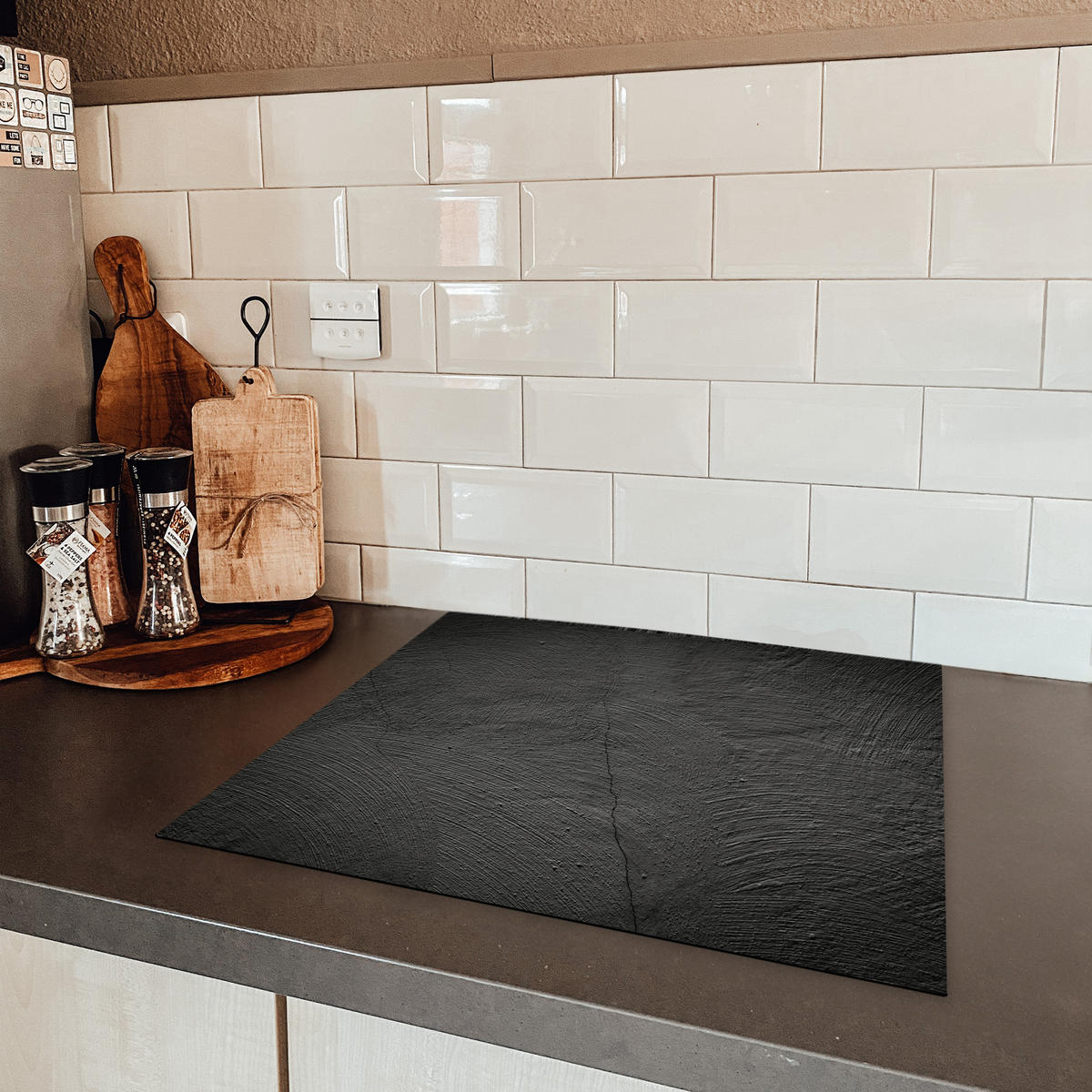 HERDABDECKPLATTE Beton - Schwarz - Industriell Ceranfeldabdeckung 59x52 cm - Anthrazit, Kunststoff (59/52/0.2cm) - MuchoWow