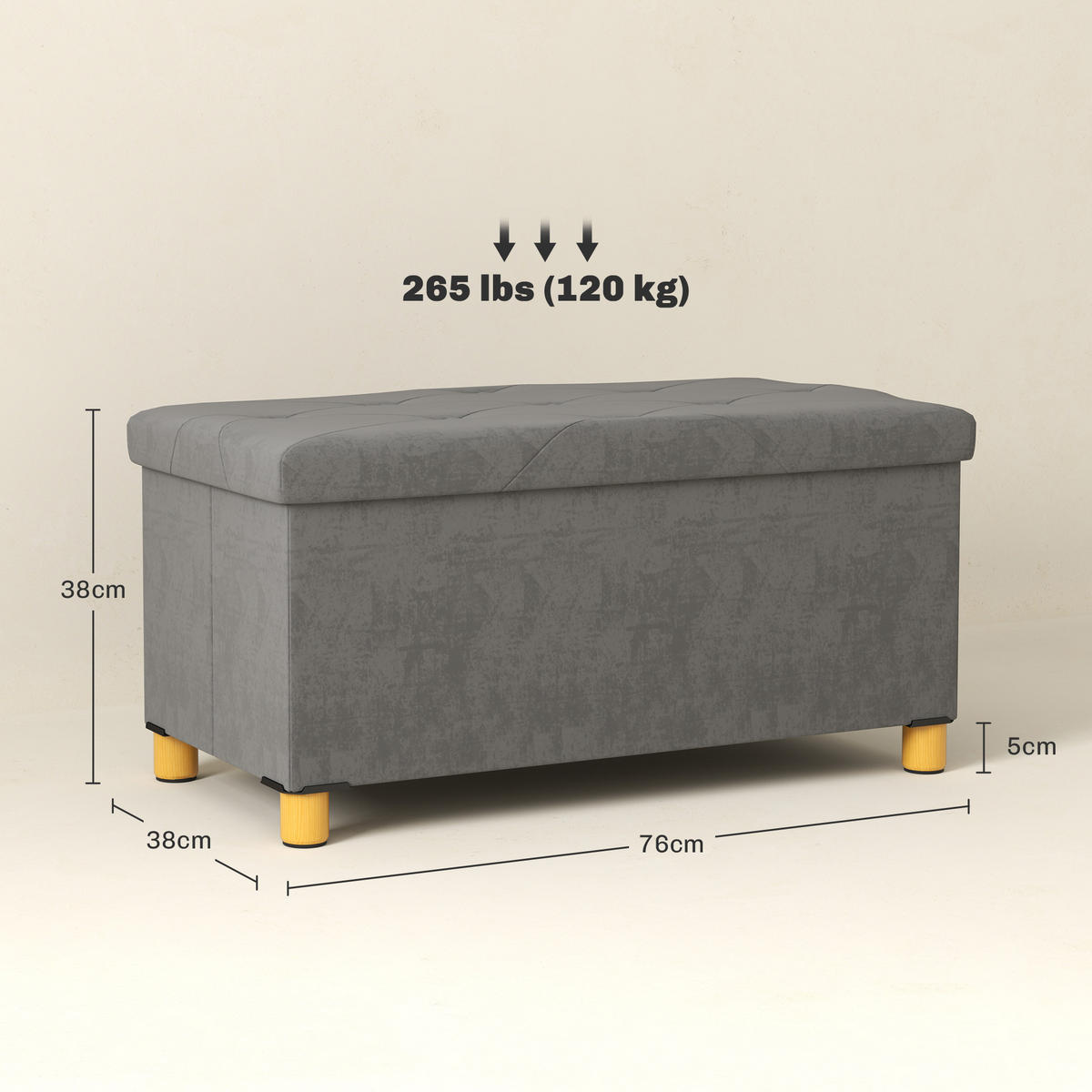 SITZBANK mit Stauraum, faltbar Polsterbank, Bettbank mit Samtoptik, Sitztruhe - Grau, Kunststoff (38/38/76cm) - HOMCOM