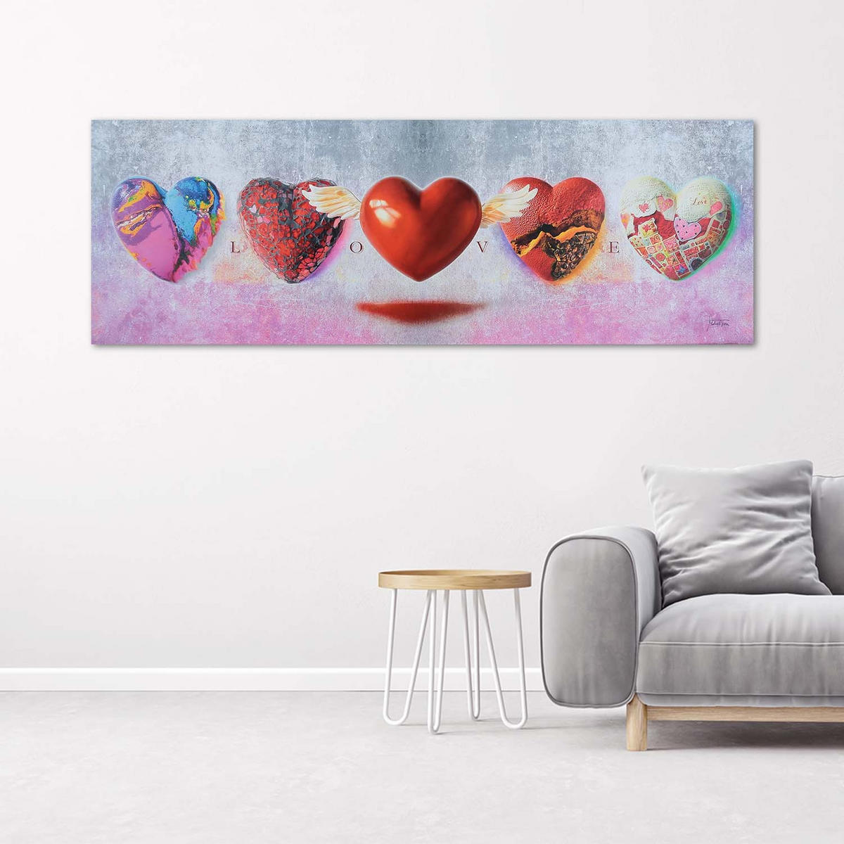 WANDBILD herzen und liebe schriftzug auf einem rosa hintergrund - Rot, Textil (90/30cm) - Feeby