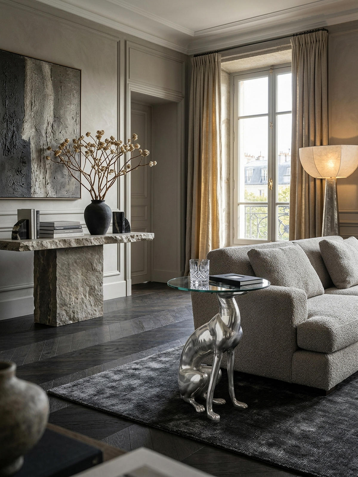 BEISTELLTISCH – Aluminium Glas Silber Skulptur Windhund 55x40 cm handgefertigt - Silberfarben, Glas/Metall (40/40/50cm) - KADIMA DESIGN