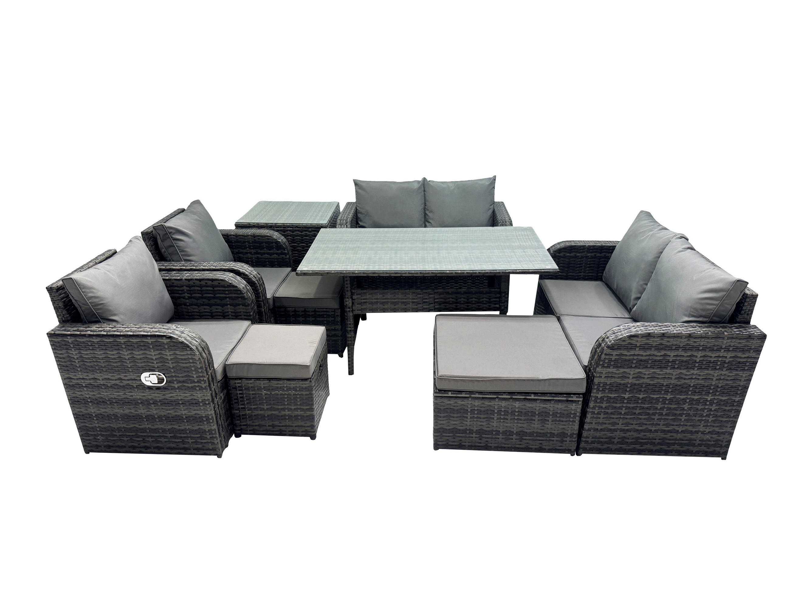 Gartenmöbelset mit Esstisch Polyrattan Dunkelgrau 9-Sitzer - Dunkelgrau/Grau, Glas/Kunststoff - Fimous