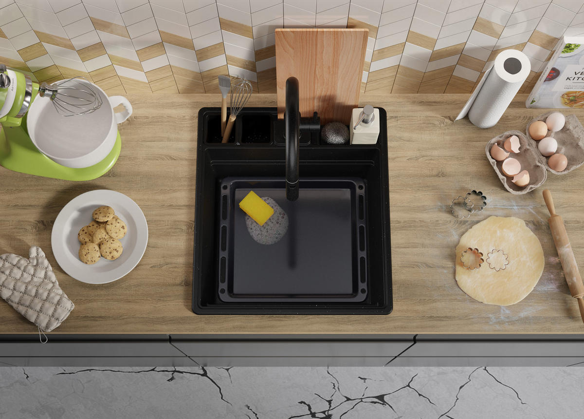 SPÜLBECKEN New York, 2-er set Schwarz Metallic 48/53 cm 1 Becken + Ablauf-Set + Küchenzubehörset ab 50er Unterschrank - Chromfarben/Schwarz Hochglanz, Kunststoff (48/20/53cm) - Primagran