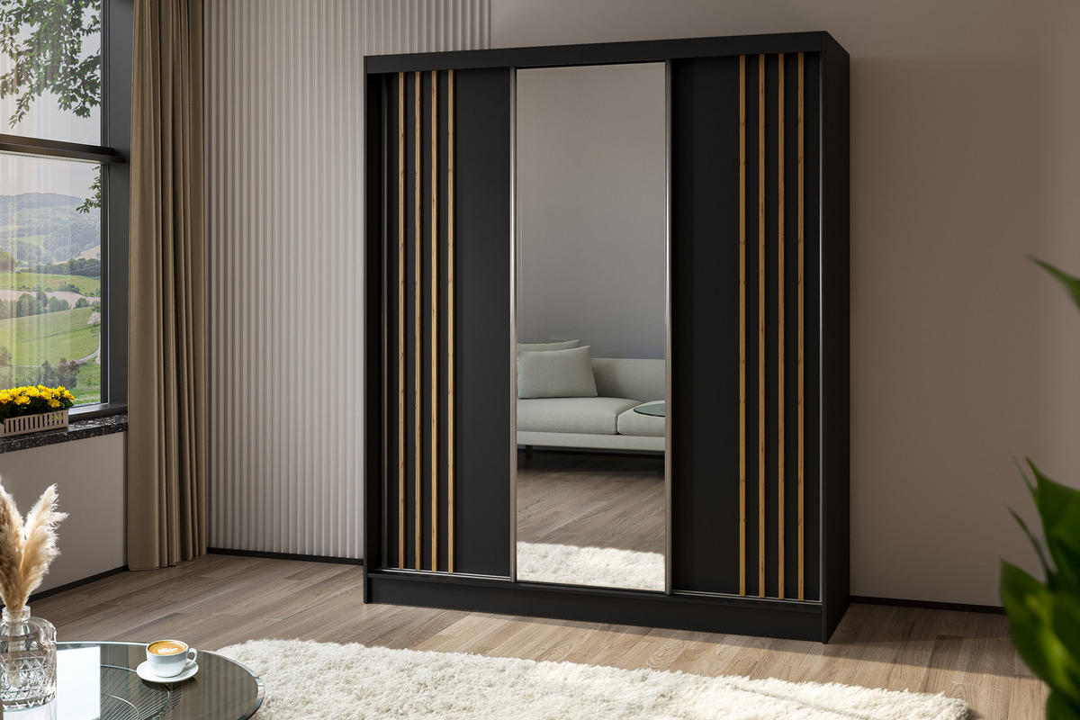 KLEIDERSCHRANK mit Spiegel-Schiebetüren und Aluminium-Leisten - NALLA - 180 cm Schwarz+Schwarz+Artisan - Anthrazit/Eiche Artisan, Holzwerkstoff (180/216/61cm) - ALTDECOR