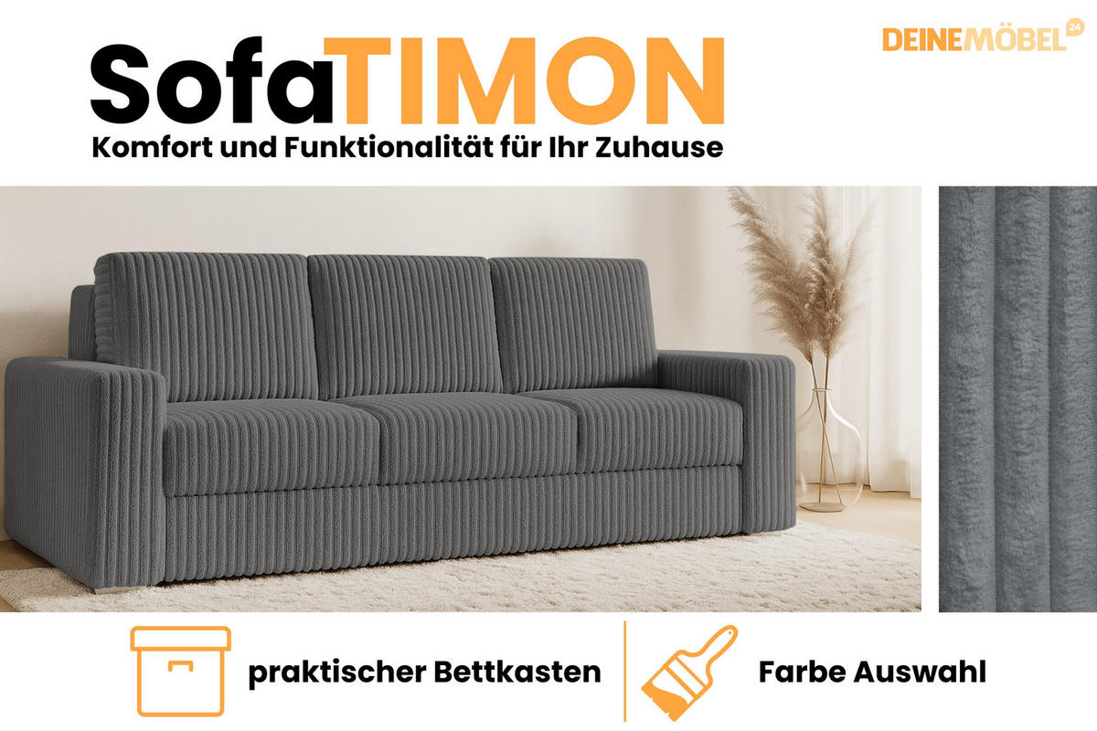 SOFA TIMON 245cm breit in Cord Dunkelgrau - Dunkelgrau, Holz/Holzwerkstoff (245/90/92cm) - Deine Möbel 24