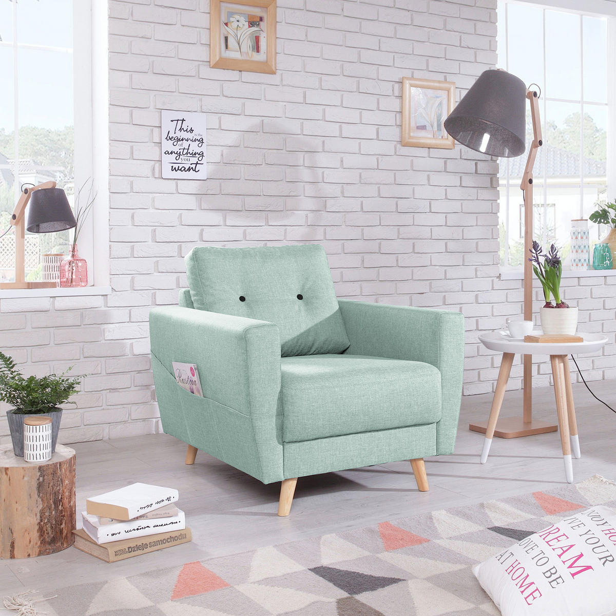 SESSEL - Webstoff - Hellbraun/Mintgrün, Holz/Textil (80/90/87cm) - home24