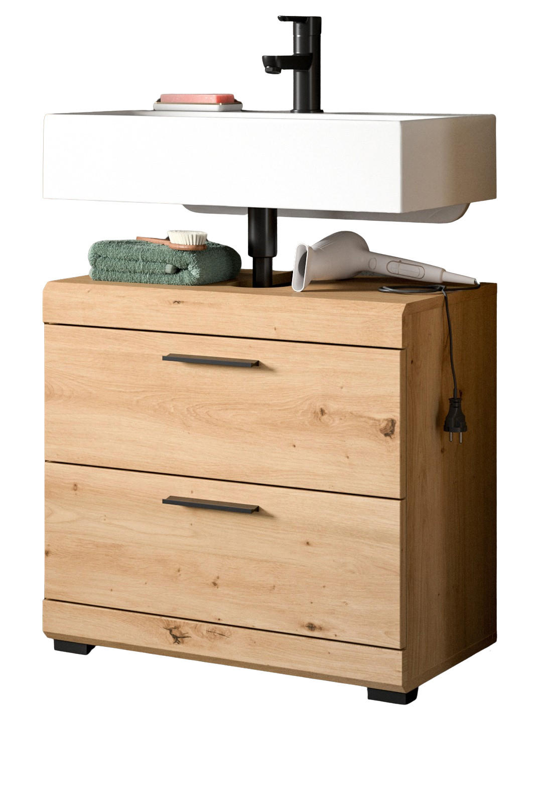 WASCHBECKENUNTERSCHRANK Eiche Artisan 60 cm, Badezimmer Unterschrank mit Schubkästen - Schwarz/Eiche Artisan, Holzwerkstoff/Kunststoff (60/56/34cm) - Inn.Furn