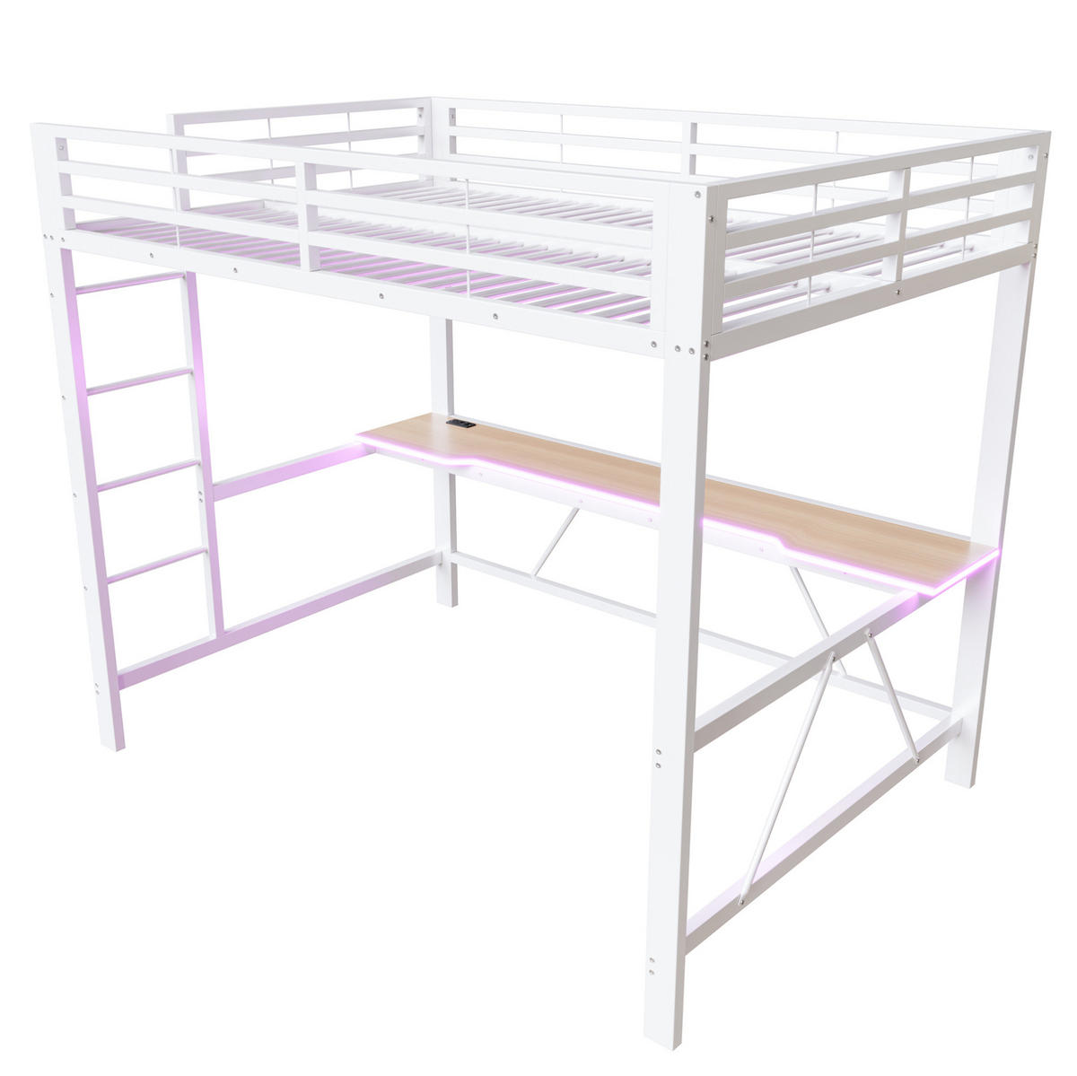 GAMING-HOCHBETT 140x200 cm in Weiß mit Schreibtisch, LED-Beleuchtung und USB-Ladestation - Weiß, Holzwerkstoff (140/200cm) - IVMEU