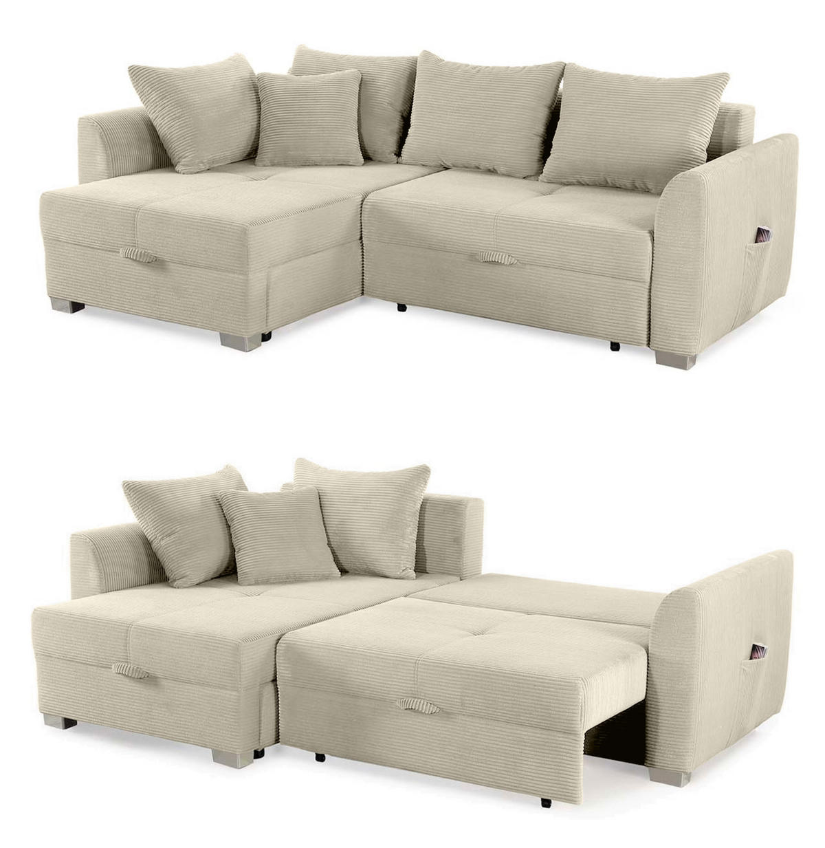 ECKSOFA mit Schlaffunktion und Bettkasten, seitenverkehrt montierbar B236/T160/H81 cm, Liegefl. 142x202 cm, Cord Grau Beige / 15201 - Chromfarben/Greige, Kunststoff/Textil (236/160cm) - luma-home