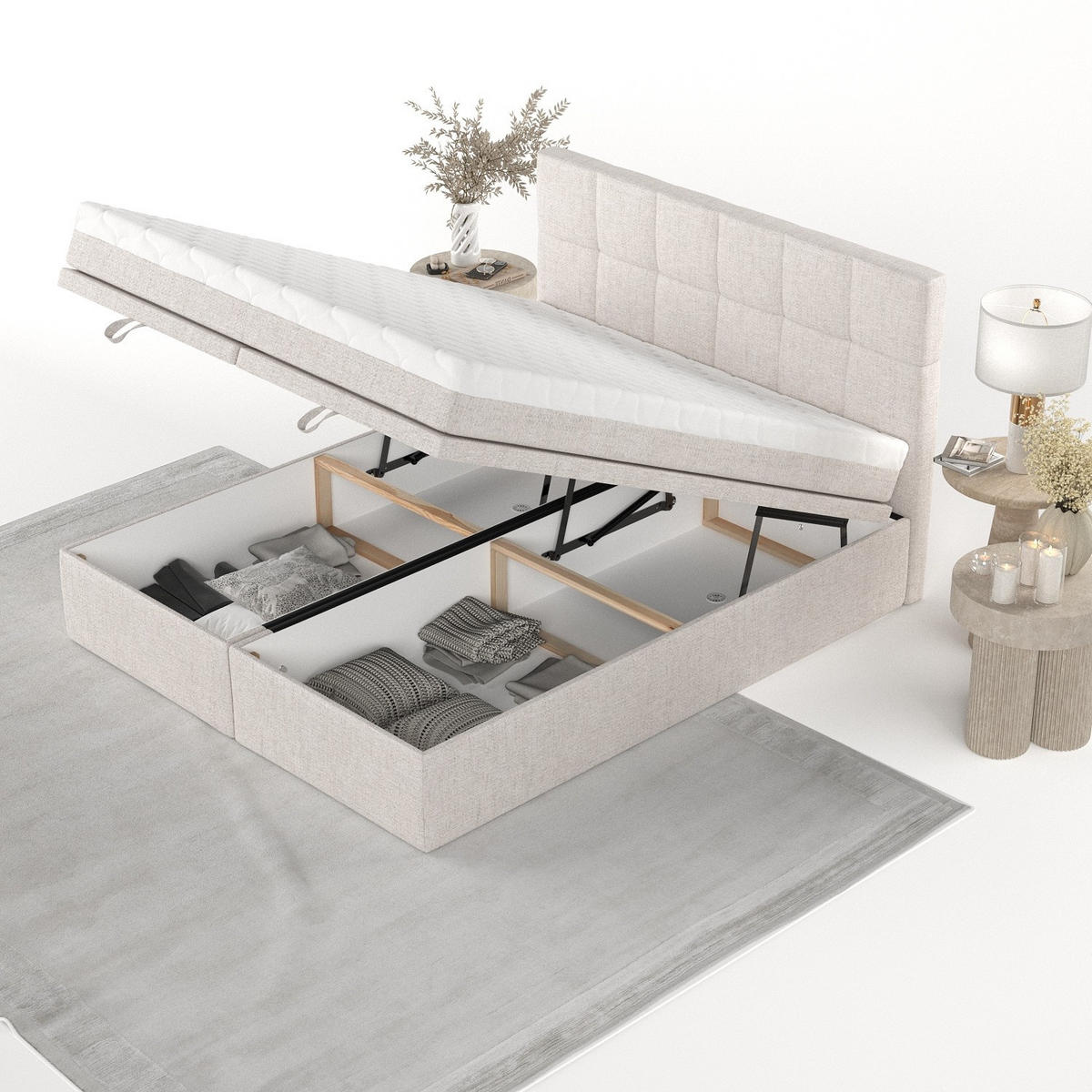 BOXBETT Elano 140/200 cm Hellbeige im Neve Stoff - Sandfarben/Schwarz, Holz/Holzwerkstoff (140/200cm) - AltaBeds