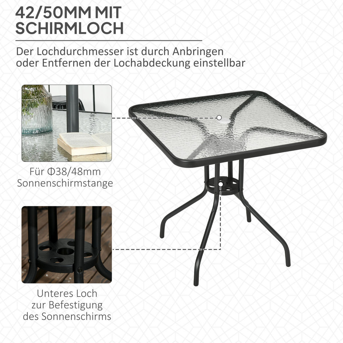 GARTENTISCH 76/76/72 cm mit Schirmloch, gehärteter Glasplatte und Metallgestell, Schwarz - Naturfarben, Metall (76/76/72cm) - Redom