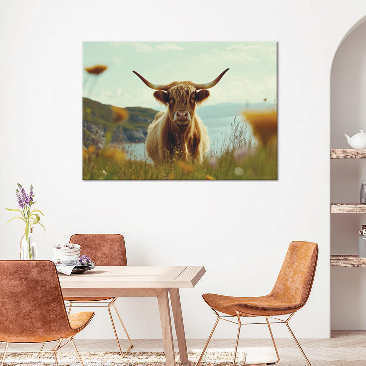 WANDBILD schottische kuh auf der wiese - Grün, Textil (60/40cm) - Feeby