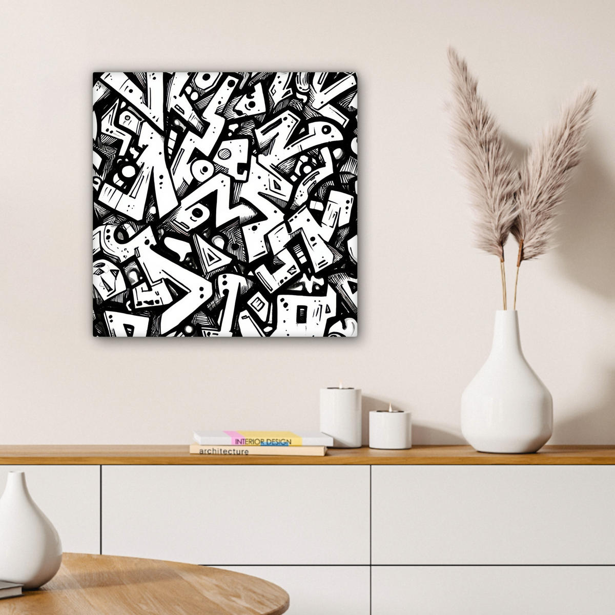 LEINWANDBILD Formen - Buchstaben - Graffiti - Schwarz Wandbild Wohnzimmer 50x50 cm - Schwarz, Textil (50/50cm) - MuchoWow