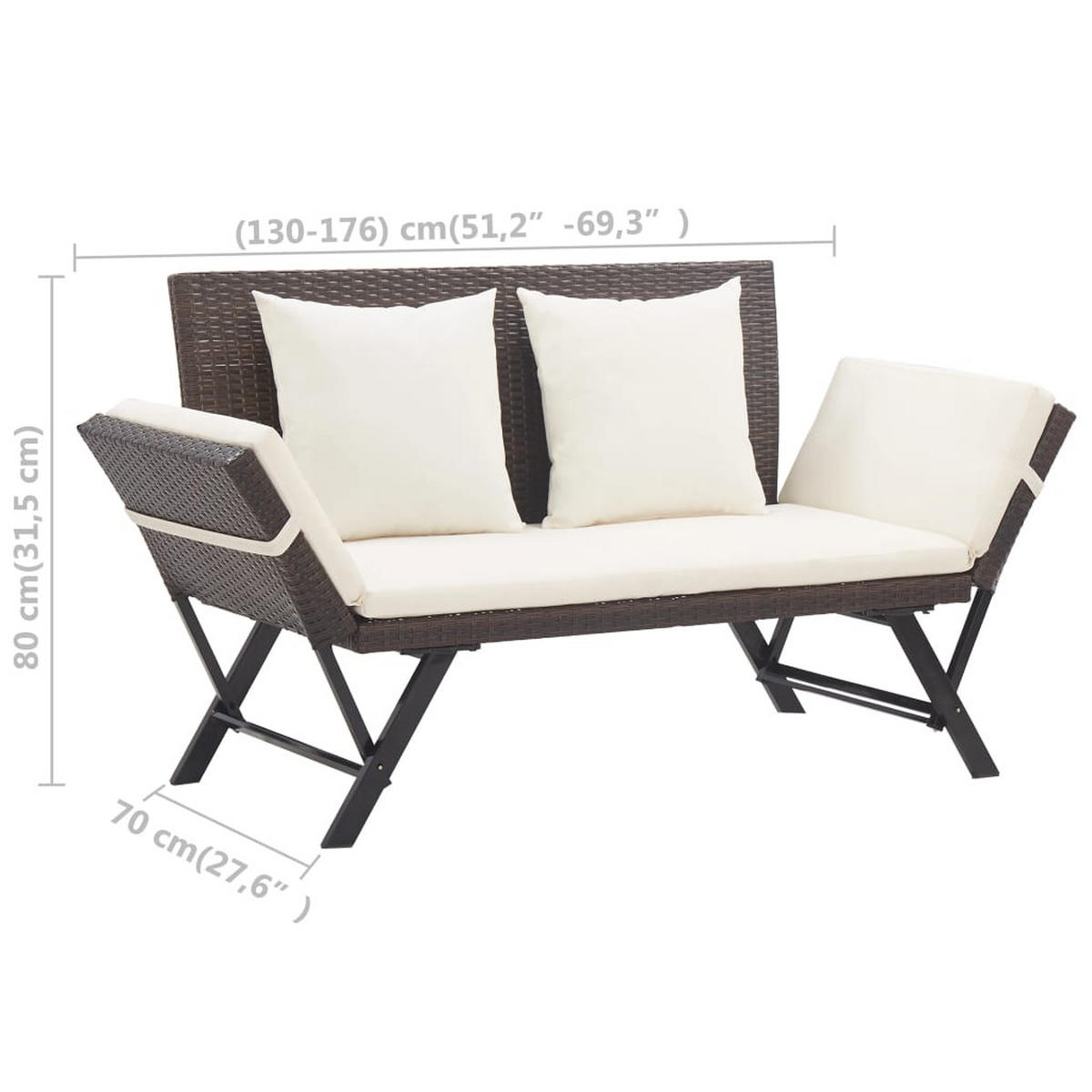 GARTENBANK mit verstellbar Armlehnen und Weiß Kissen, 130-176/70/80 cm, aus Poly Rattan, Braun - Creme/Braun, Kunststoff/Textil (176/80/70cm) - vidaXL