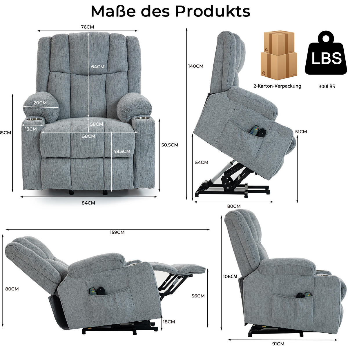 RELAXSESSEL in Hellgrau mit Aufstehhilfe, Massagefunktion und Wärmefunktion,84/91/106 cm - Hellgrau, Textil (84/106/91cm) - Flora Grace