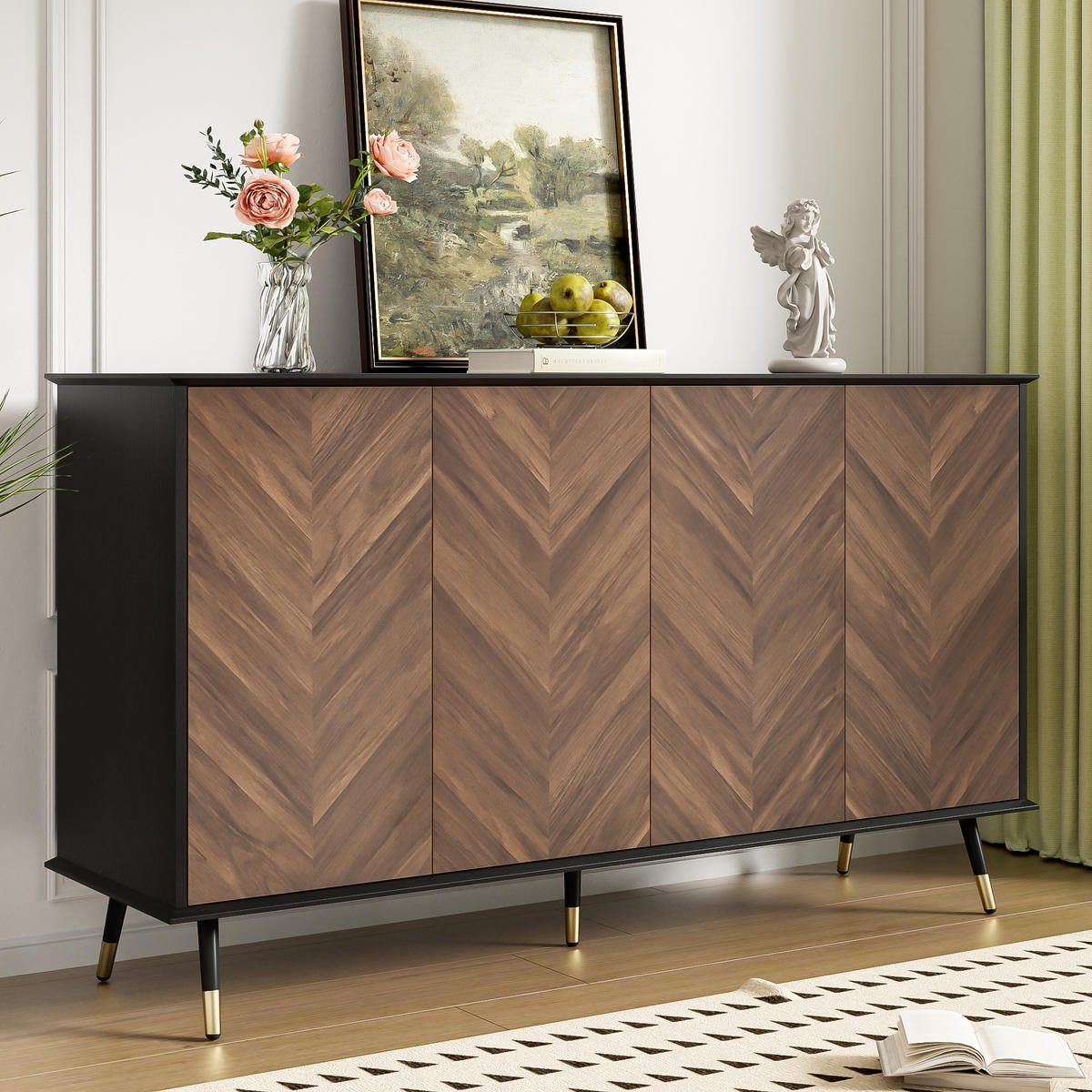 SIDEBOARD Fischgrätmuster 4 Türen - Schwarz, Holzwerkstoff (140/80/40cm)