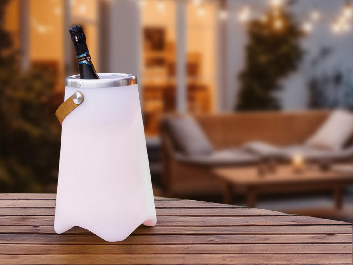 AKKU-TISCHLEUCHTE LED mit RGB Beleuchtung, Bluetooth Lautsprecher & Weinkühler Partylicht, Höhe 38cm - Weiß, Kunststoff/Metall (25/25/38cm) - meineWunschleuchte