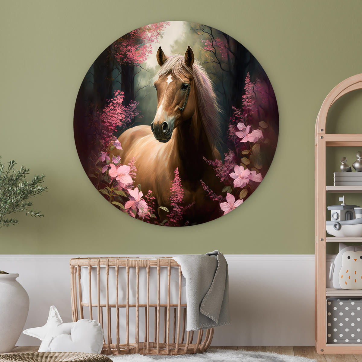 WANDBILD Pferd - Blumen - Rosa - Natur - Wald Room Decor 140x140 cm - Altrosa, Kunststoff (140/140cm) - MuchoWow
