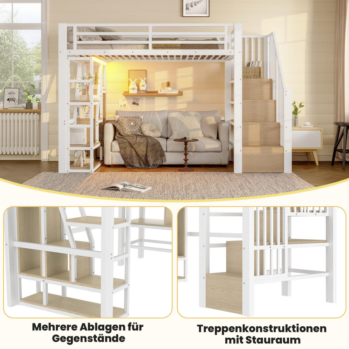 HOCHBETT 90/200 cm Weiß aus Metall und MDF mit LED-Lichtleiste - Weiß, Holzwerkstoff (90/200cm) - OKMYHOME