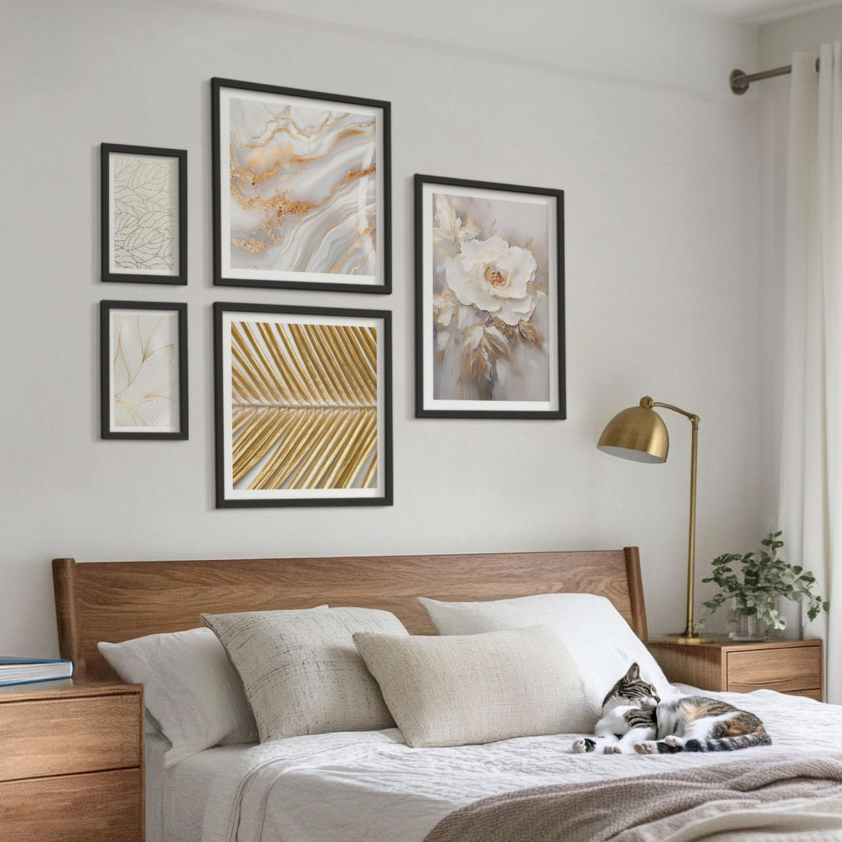 BILDER SET 5er Set - 50x50 cm & 20x30 cm & 40x60 cm Schwarzer Rahmen - Abstrakte Katzenmalereien - Schwarz, Kunststoff (40/60cm) - TULUP
