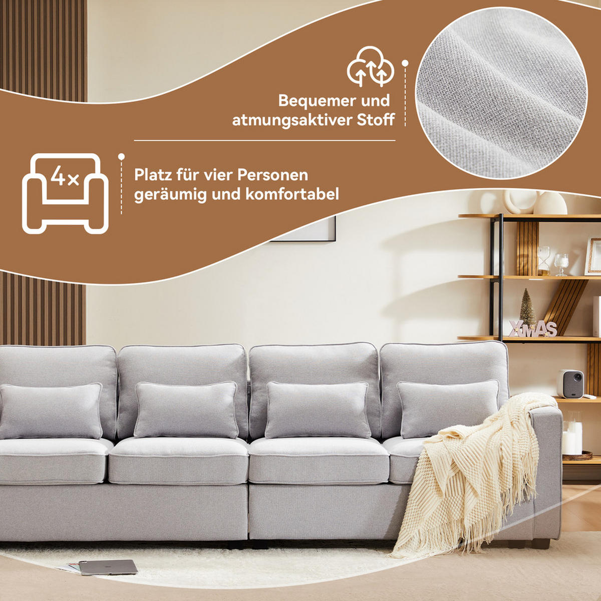 SOFA 4-Sitzer Leinenstoff Armlehnentaschen & 4 Kissen Modern Grau - Grau, Holz (71/27.5/55.5cm) - FLIEKS