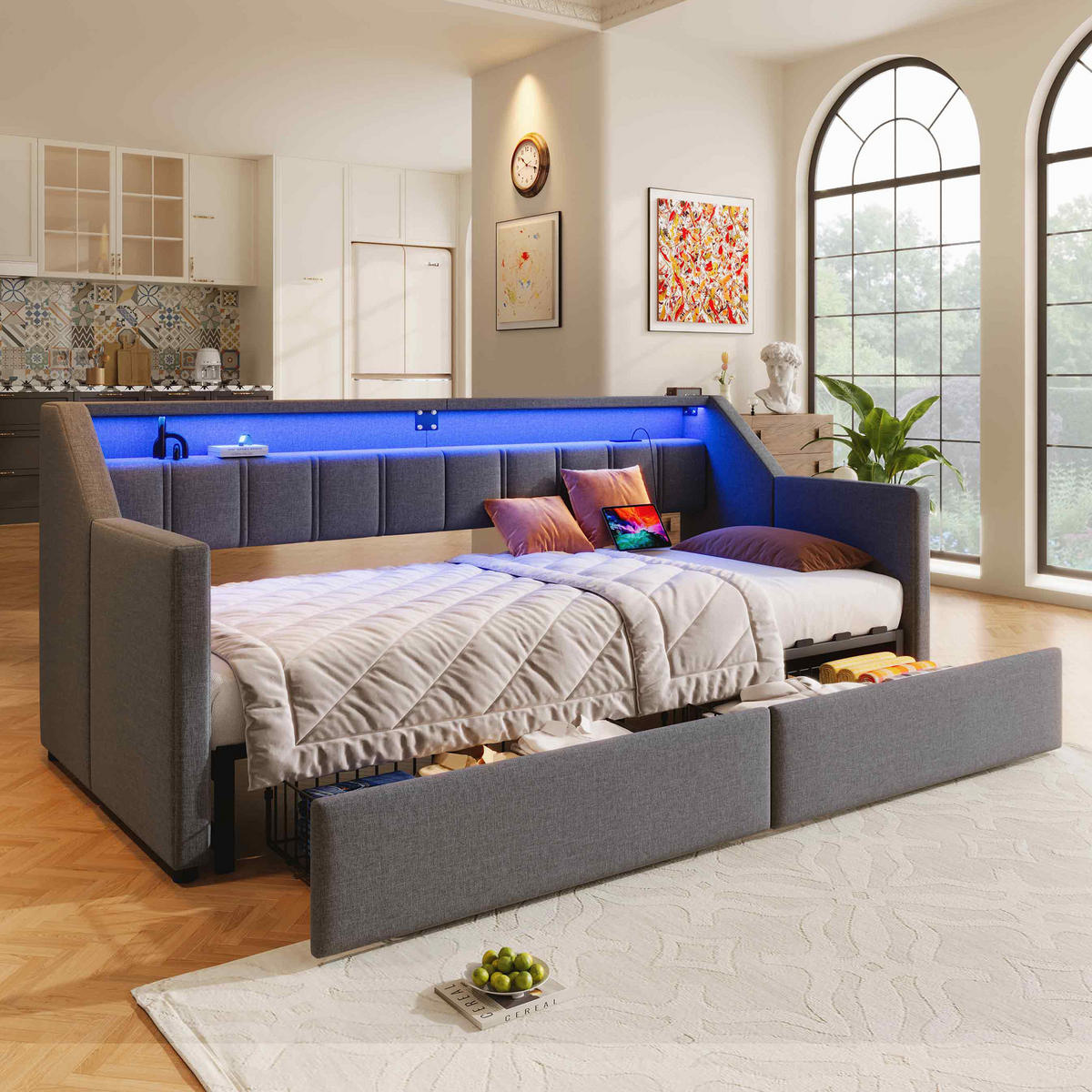 SCHLAFSOFA 90/200 cm in Grau Leinen mit 2 Schubladen, LED und USB - Grau, Holzwerkstoff/Textil (90/200cm) - WISHDOR