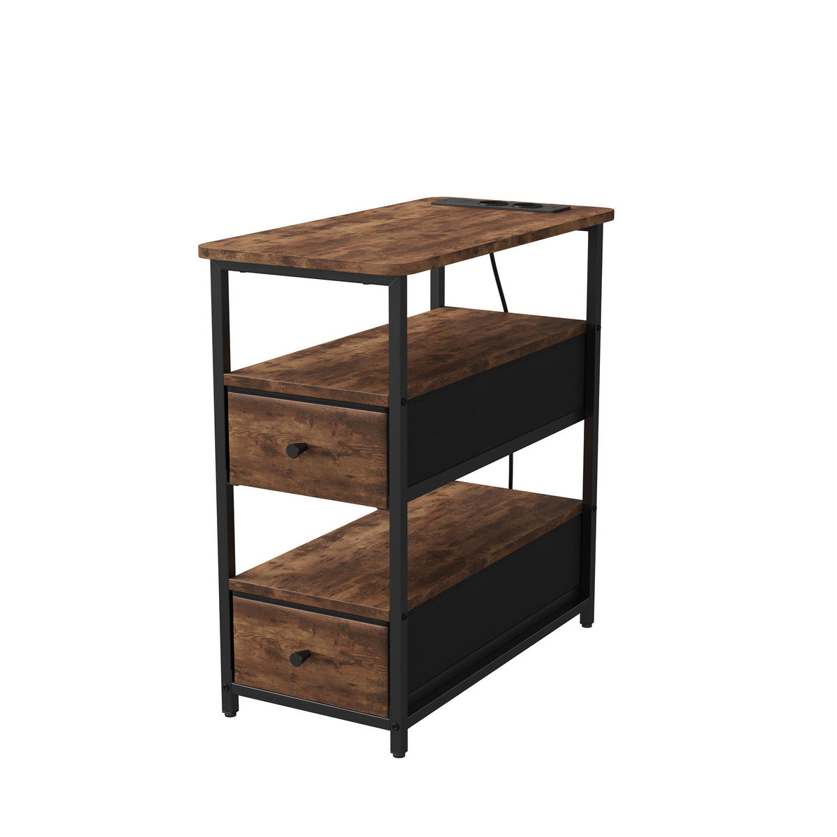 NACHTTISCH Tiger-Motiv, 4 Ebenen, Stoffschubladen, LED, USB & Type-C, App - Schwarz, Holz (28/60.5/58cm) - EuroLiving
