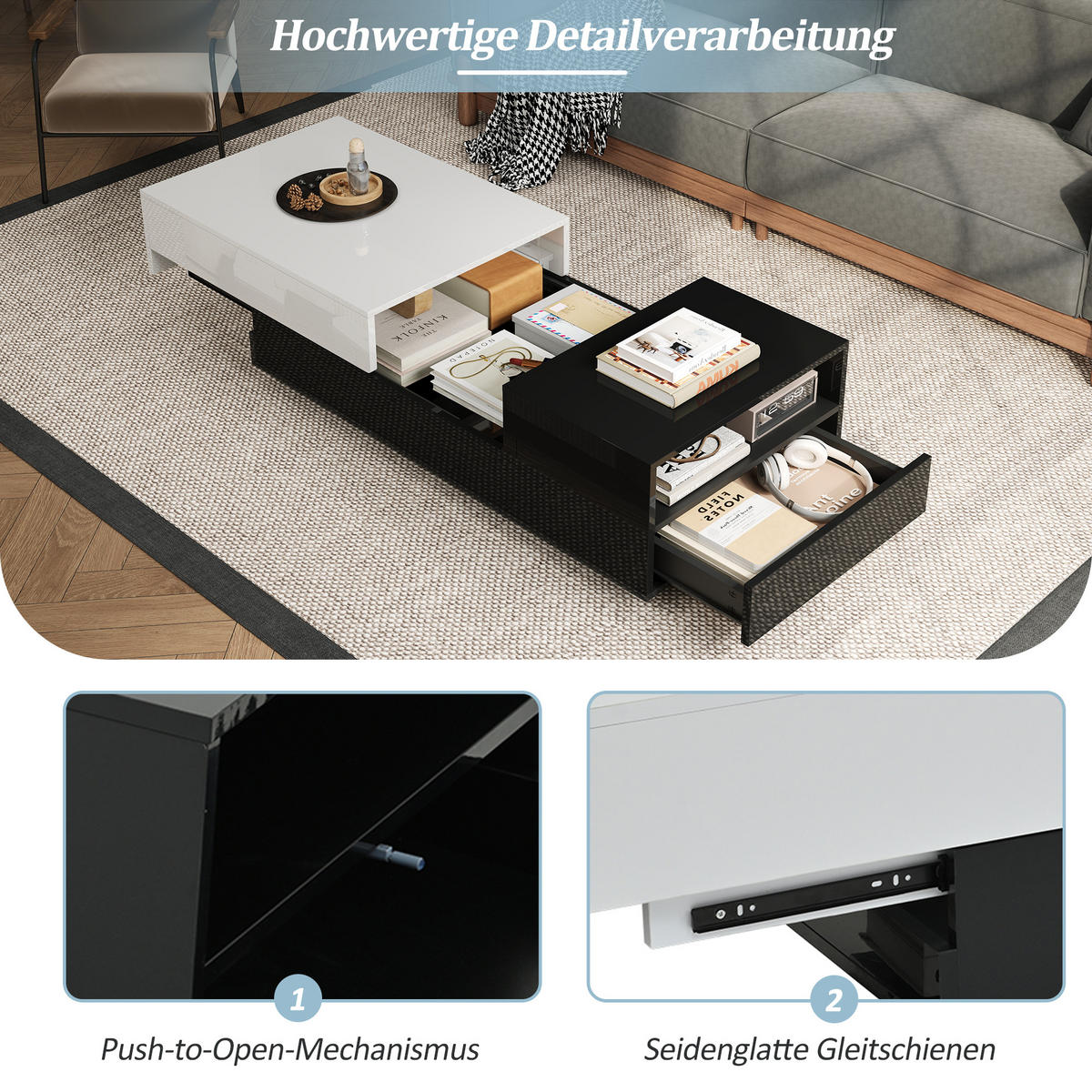 COUCHTISCH Hochglanz 100cm Schublade Schiebeplatte Stauraum modern - Weiß, Holzwerkstoff (100/50/38cm) - FLIEKS