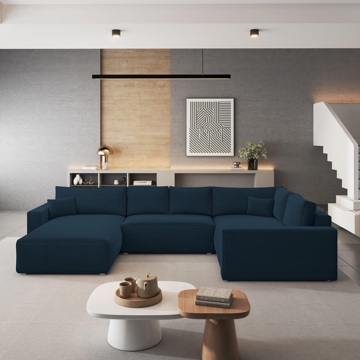 ROHOVÁ SEDAČKA VELAMI modrá - šedá/modrá, dřevo/textil (365/194cm) - MASSENO