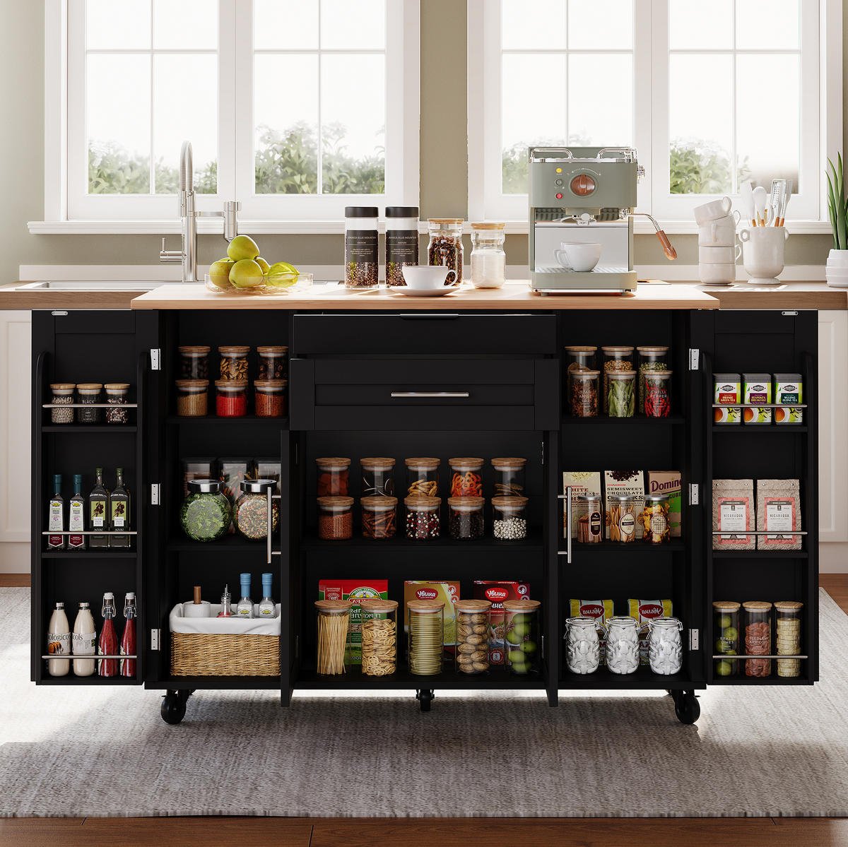 KÜCHENINSEL 136/70/92 cm schwarz/natur aus MDF mit Ausziehplatte - Schwarz, Holzwerkstoff (136/92/70cm) - OKWISH