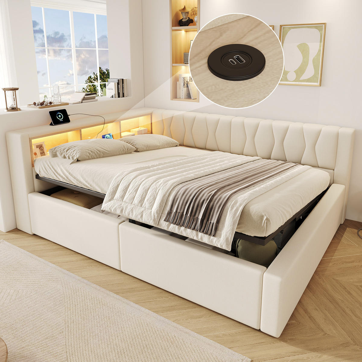 TAGESBETT 140x200cm Schlafsofa Hydraulik LED USB Beige - Beige, Naturmaterialien (140/200cm) - FLIEKS