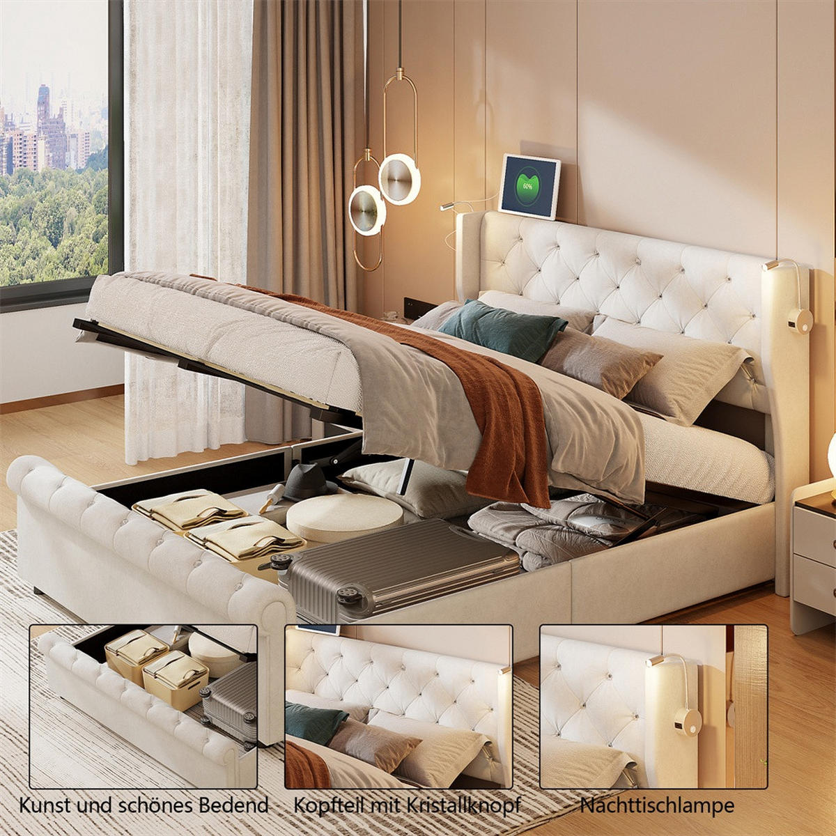 POLSTERBETT 160x200 cm mit verstellbaren Leseleuchten - USB-Anschluss und hydraulischem Stauraum - ohne Matratze - Beige, Textil (160/200cm) - DELFA