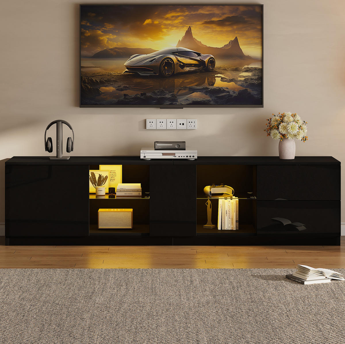 TV-LOWBOARD 160/40/52 cm mit 2 Schubladen, LED-Beleuchtung und Glasboden - Schwarz, Holzwerkstoff (160/52/40cm) - BEAOK