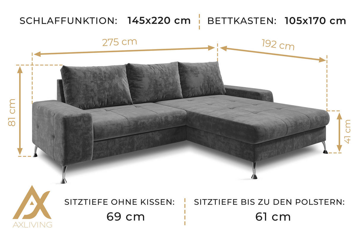 ECKSOFA L Form Artemia Braun Samt 275/210/81 cm – modernes Sofa fürs Wohnzimmer R - Silberfarben/Braun, Textil/Metall (275/210cm) - AX Living