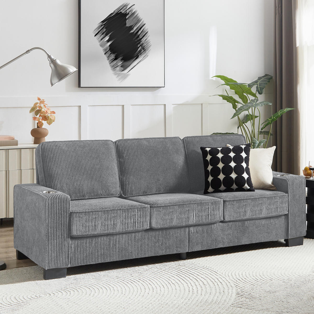 SOFA mit Getränkehaltern 206 cm Cord Grau - Grau, Holzwerkstoff (206/86/72cm) - Meubliv
