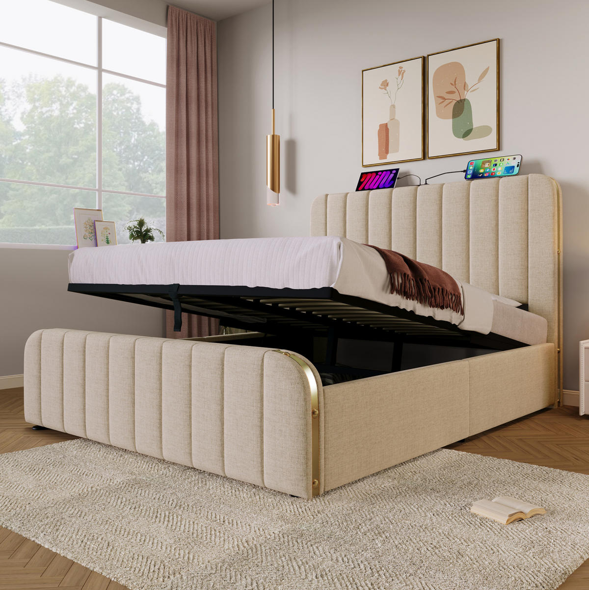 POLSTERBETT aus Leinen 140x200 cm in Beige mit USB- & Typ-C-Anschluss - Beige, Textil (140/200cm) - Modfu