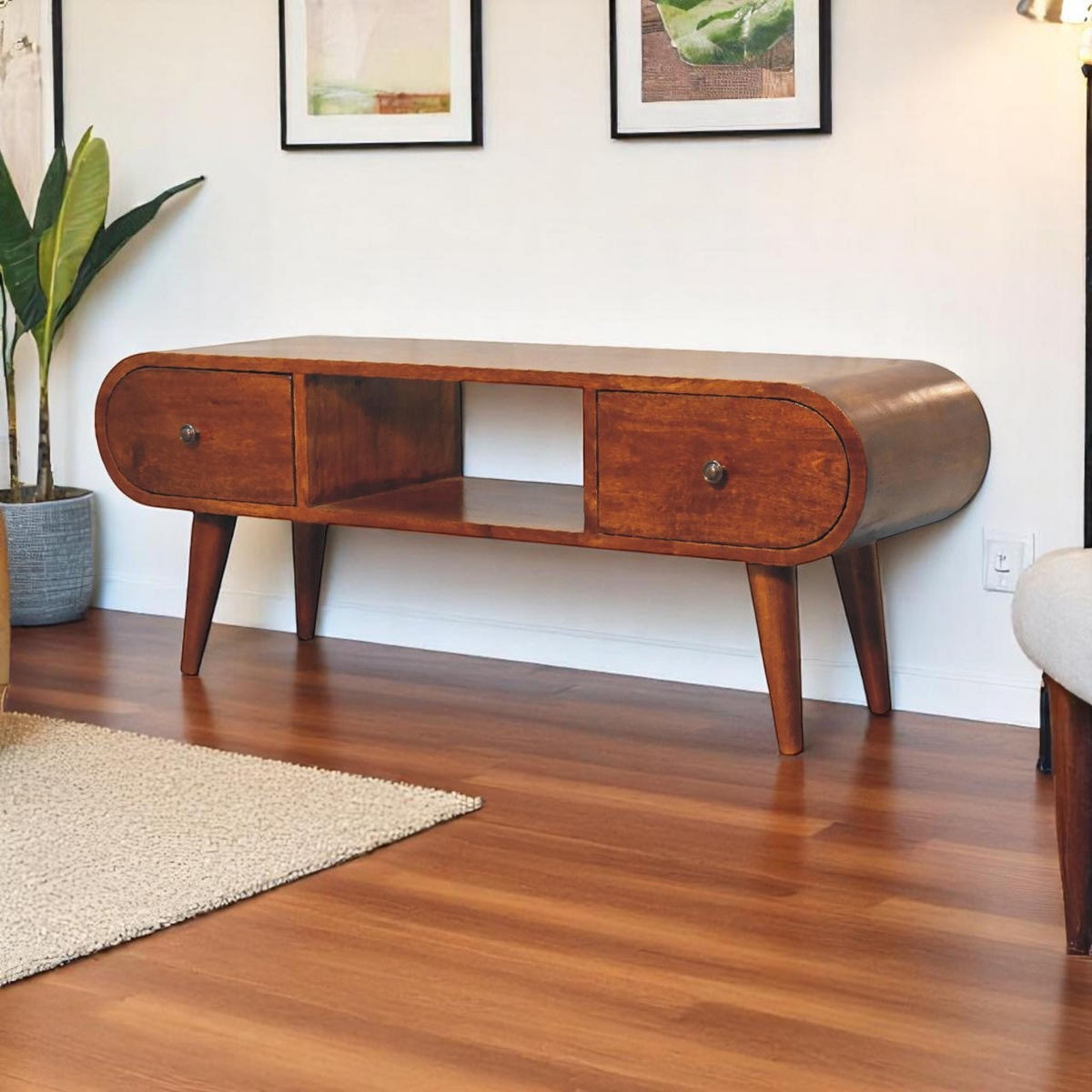 MEDIENANLAGE TV-Lowboard, 2 Schubladen, 1 offenes Fach, Nordische Beine, braun - Kastanienfarben/Messingfarben, Holz/Metall (100/38/30cm) - Artisan Furniture