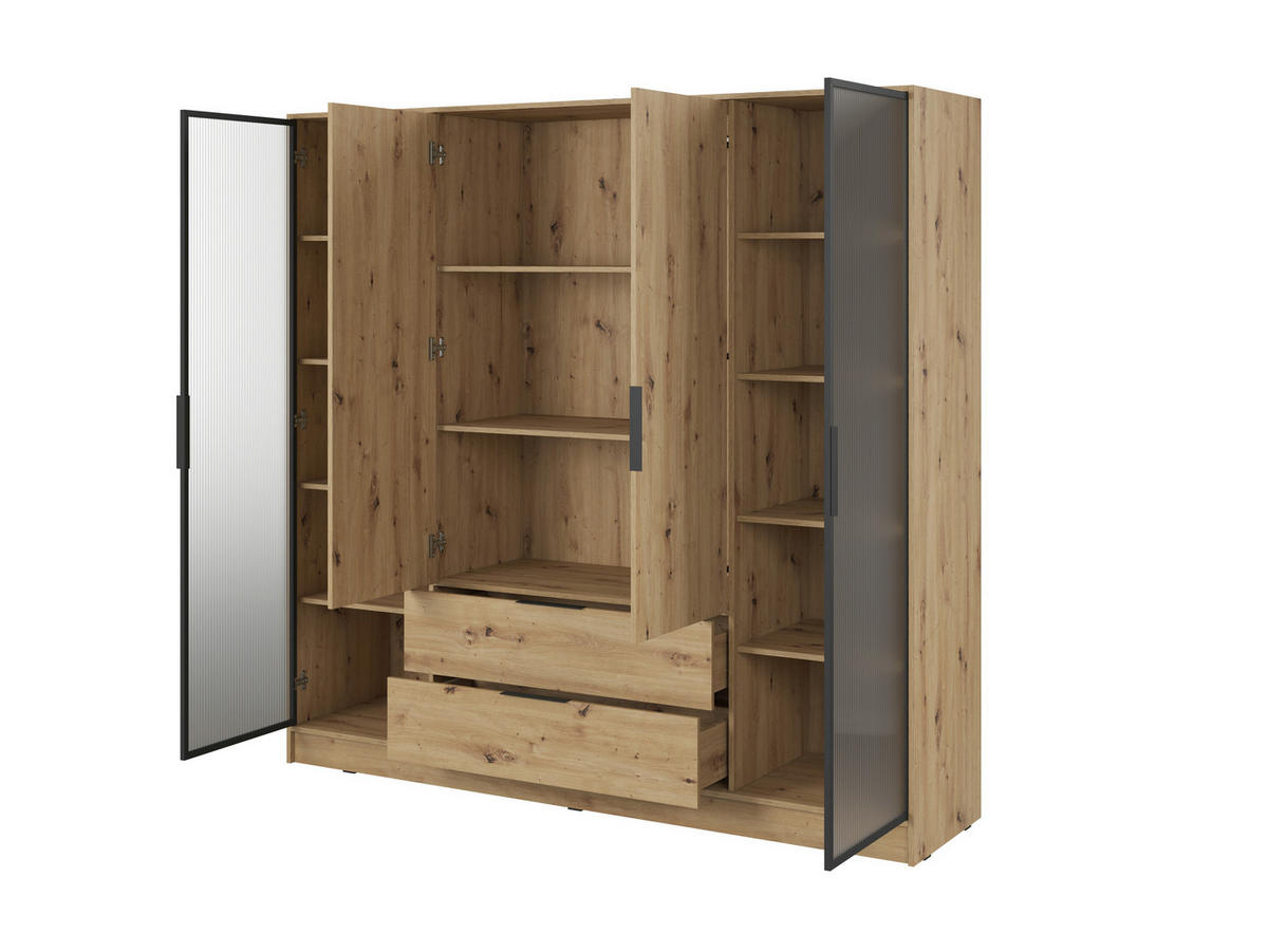 DREHTÜRENSCHRANK - Sevia Eiche Artisan – mit Vitrinen an den Seiten - Eiche Artisan, Holzwerkstoff (206/200/51cm) - Möblo