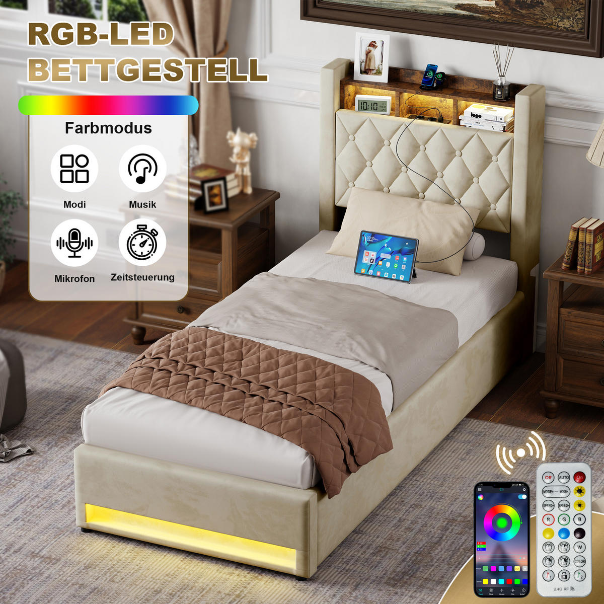 POLSTERBETT 90/200 cm Beige mit LED-Lichtleiste und USB-Anschlüssen - Beige, Holzwerkstoff (90/200cm) - OKWISH