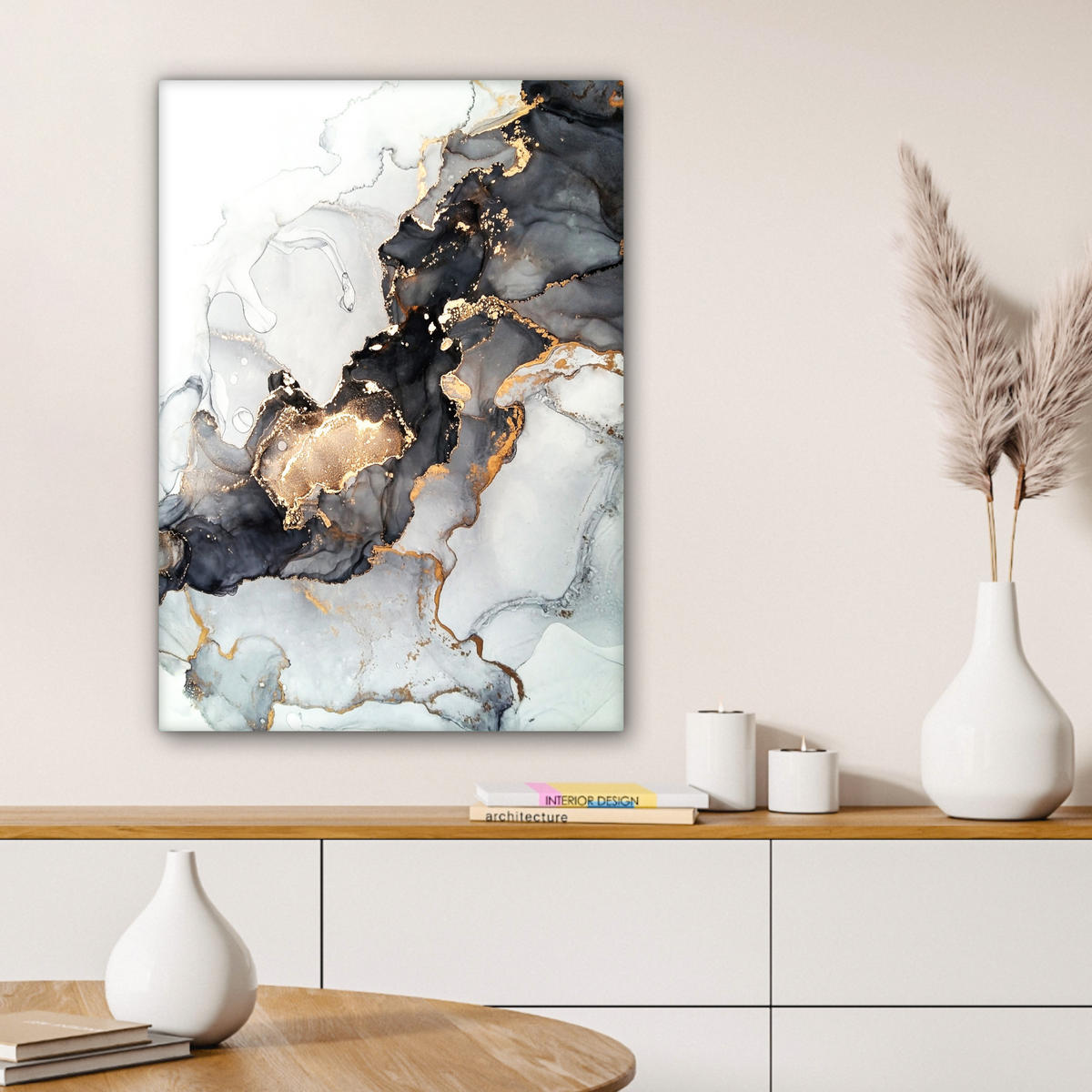 LEINWANDBILD Marmor - Schwarz - Weiß - Gold - Luxus - Abstrakt Wandbild Wohnzimmer 60x80 cm - Goldfarben, Textil (60/80cm) - MuchoWow