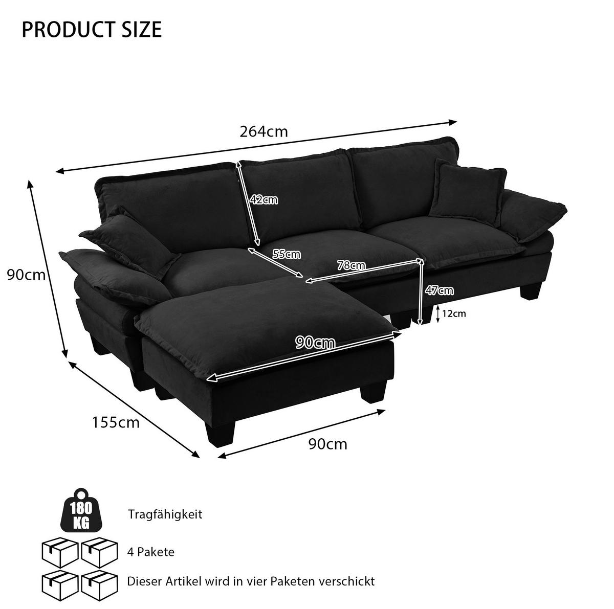 ECKSOFA aus Chenille 264x155x90 cm in Schwarz mit beweglicher Ottomane - Schwarz, Textil (155/90/264cm) - Modfu