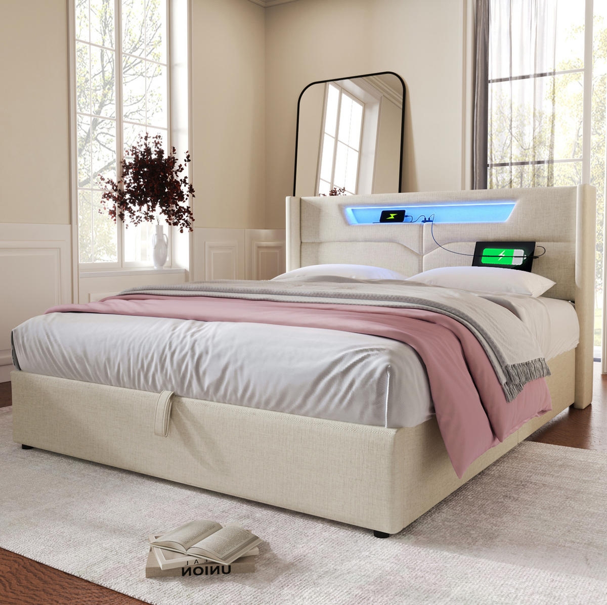 POLSTERBETT 140/200 cm Beige aus Leinen mit LED-Beleuchtung und USB-Anschluss - Beige, Textil (140/200cm) - OKMYHOME